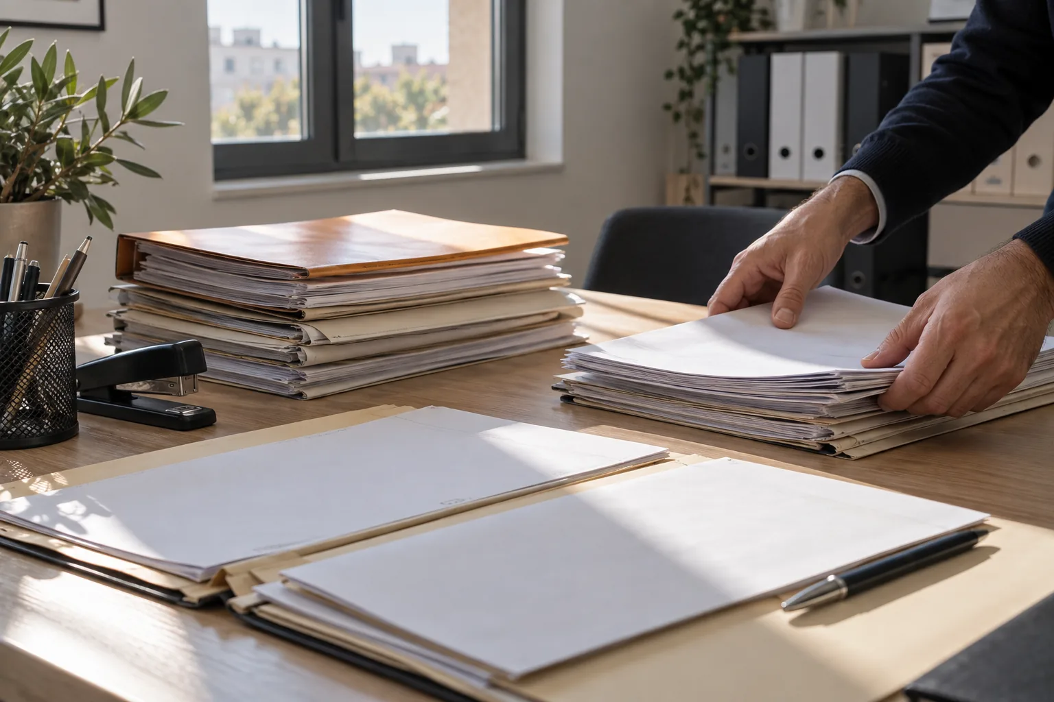 Manos ordenando carpetas de expediente sobre una mesa de despacho