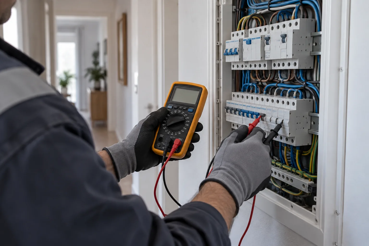 Electricista comprobando con un polímetro los bornes de un cuadro eléctrico