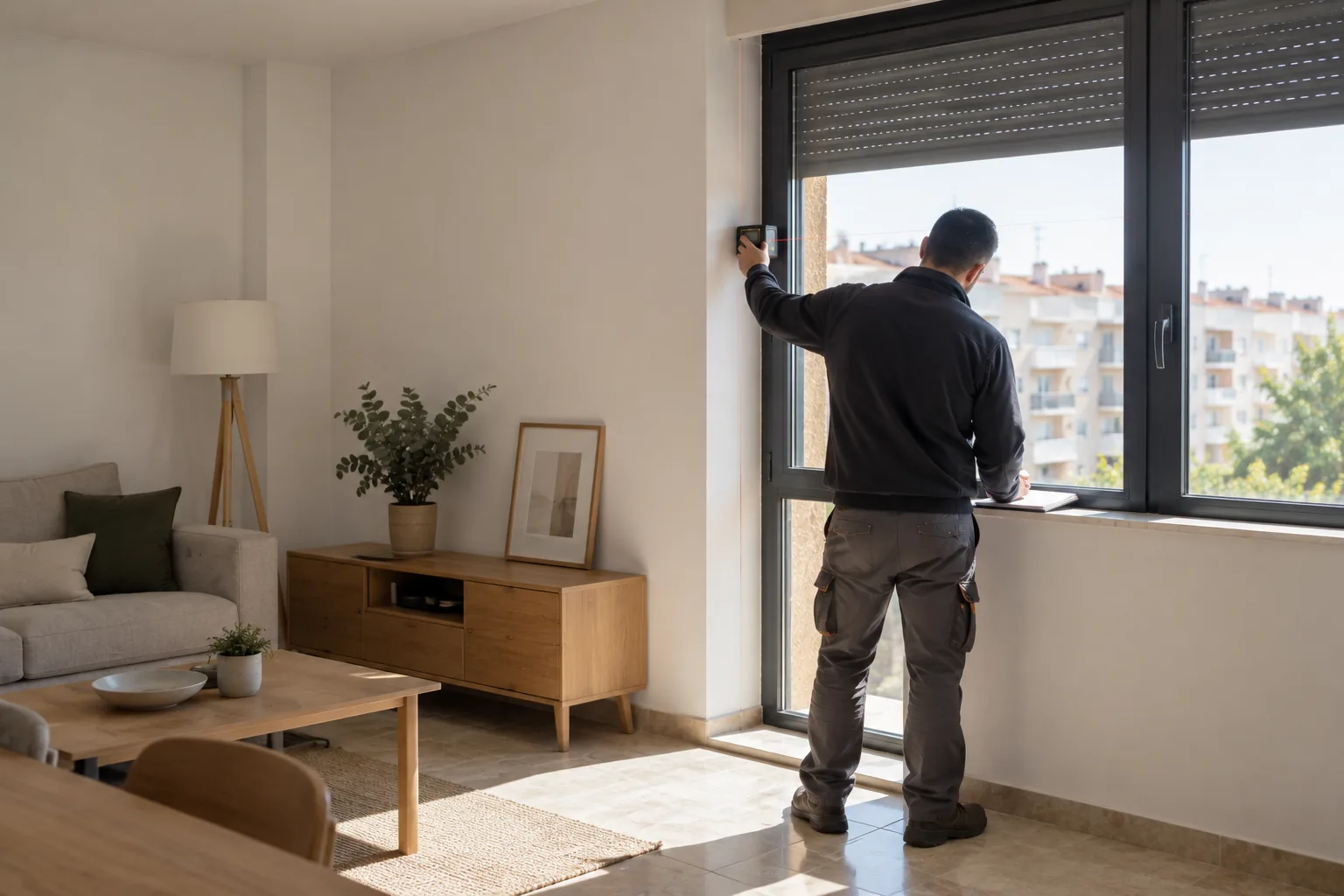Técnico midiendo el ventanal de un salón con un medidor láser