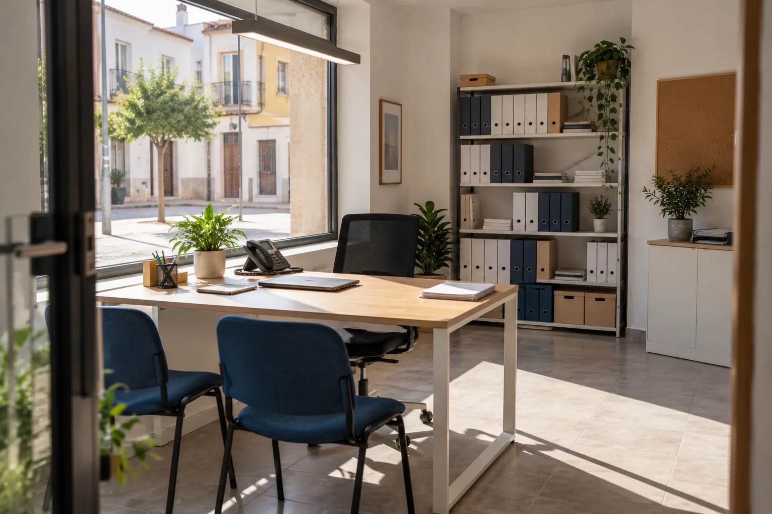 Oficina técnica con un escritorio junto a la ventana y estantería de archivadores