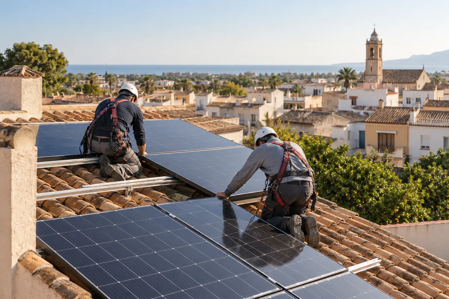 Operarios instalando placas solares en un tejado de teja de un pueblo valenciano
