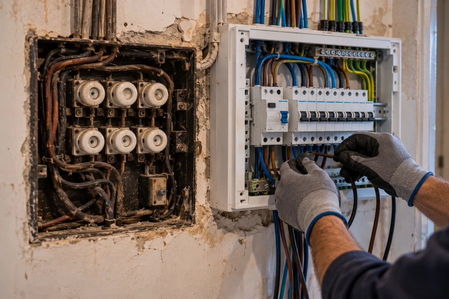 Electricista sustituyendo un cuadro eléctrico antiguo por uno nuevo en una vivienda