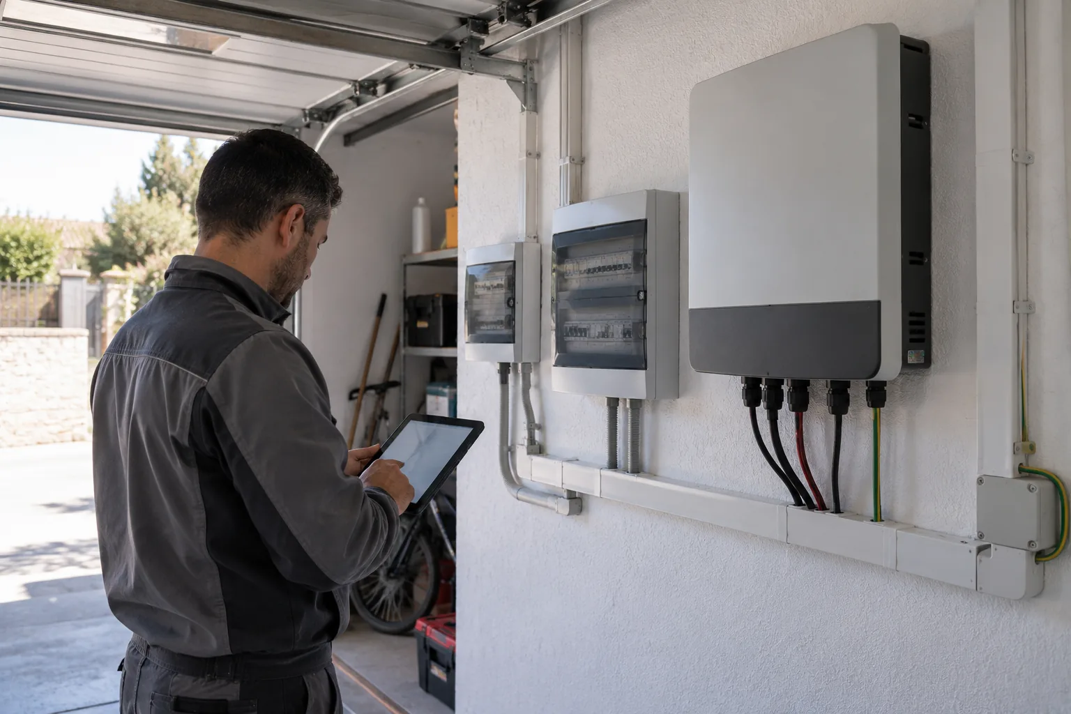 Técnico revisando el inversor y el cuadro de protecciones de una instalación de autoconsumo