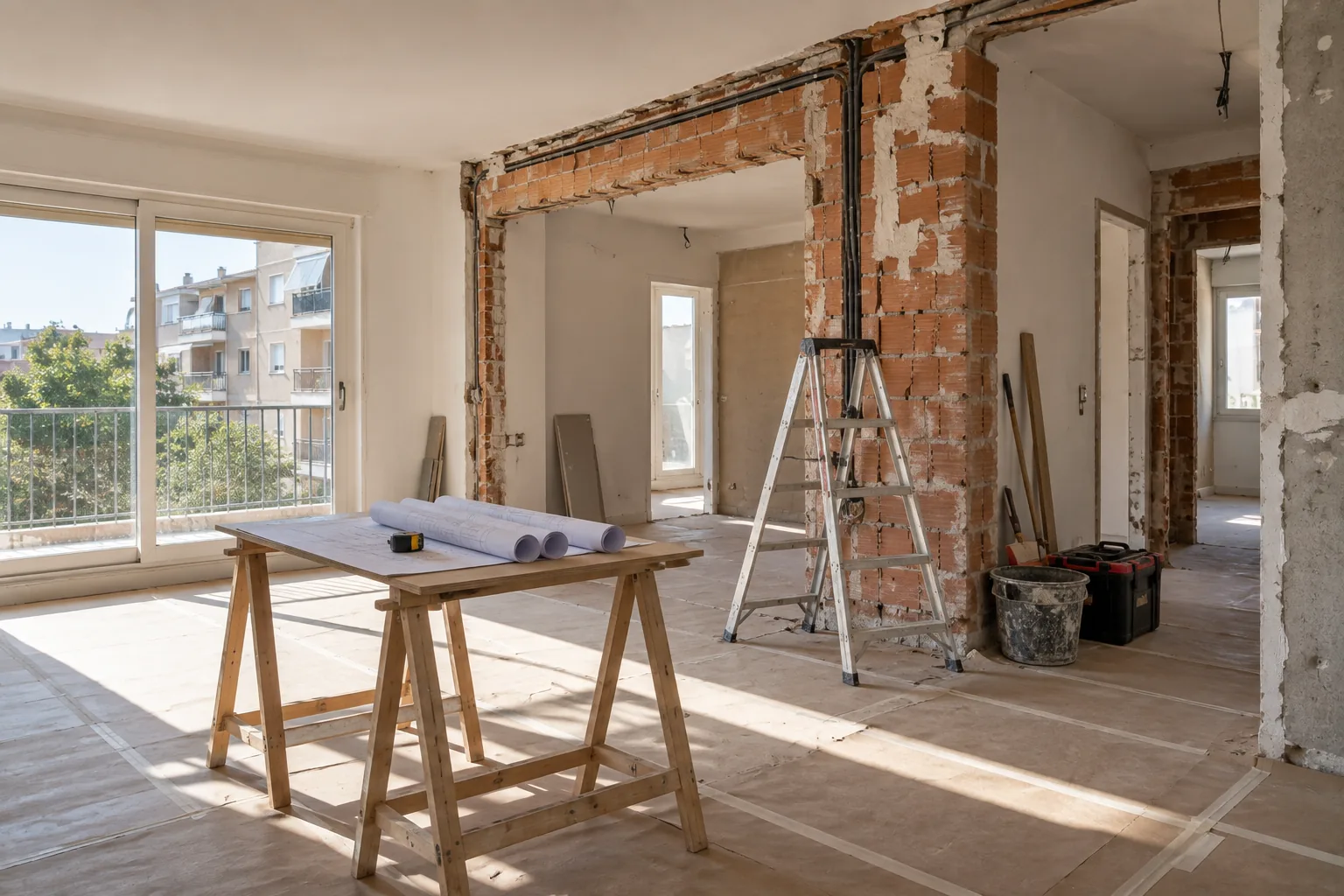 Vivienda en obras con un tabique abierto y planos sobre un caballete