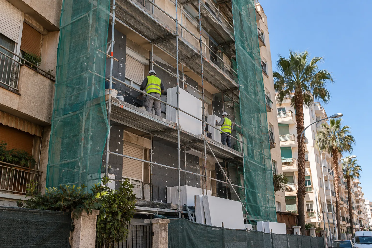 Edificio de viviendas con andamio durante una obra de rehabilitación energética