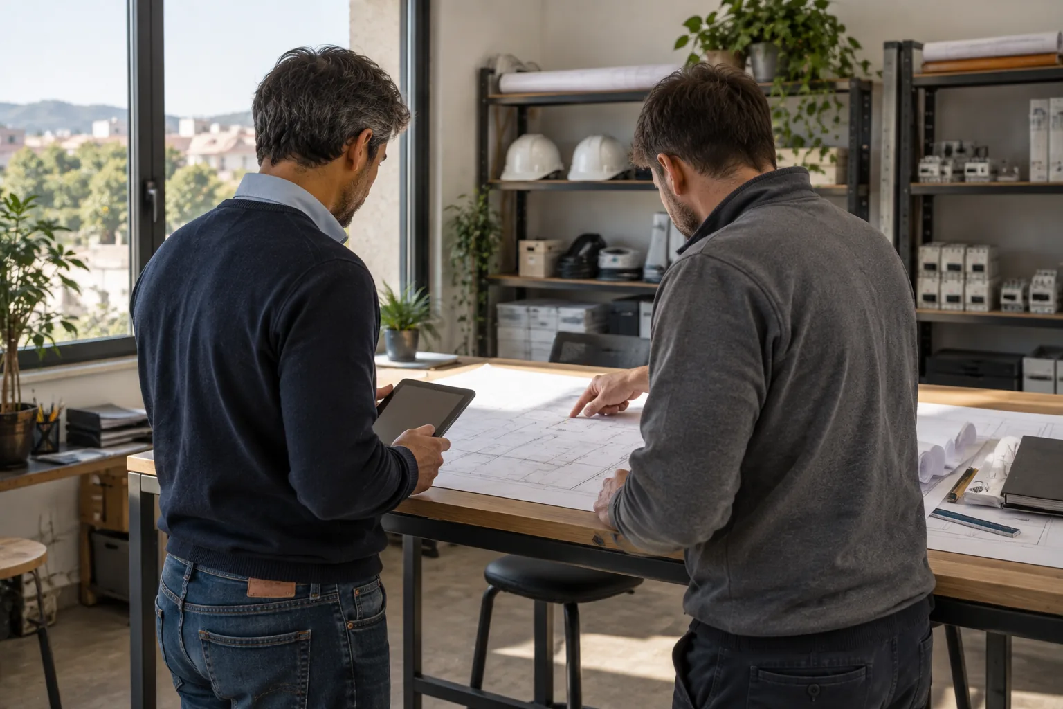 Dos técnicos revisando planos eléctricos en la oficina
