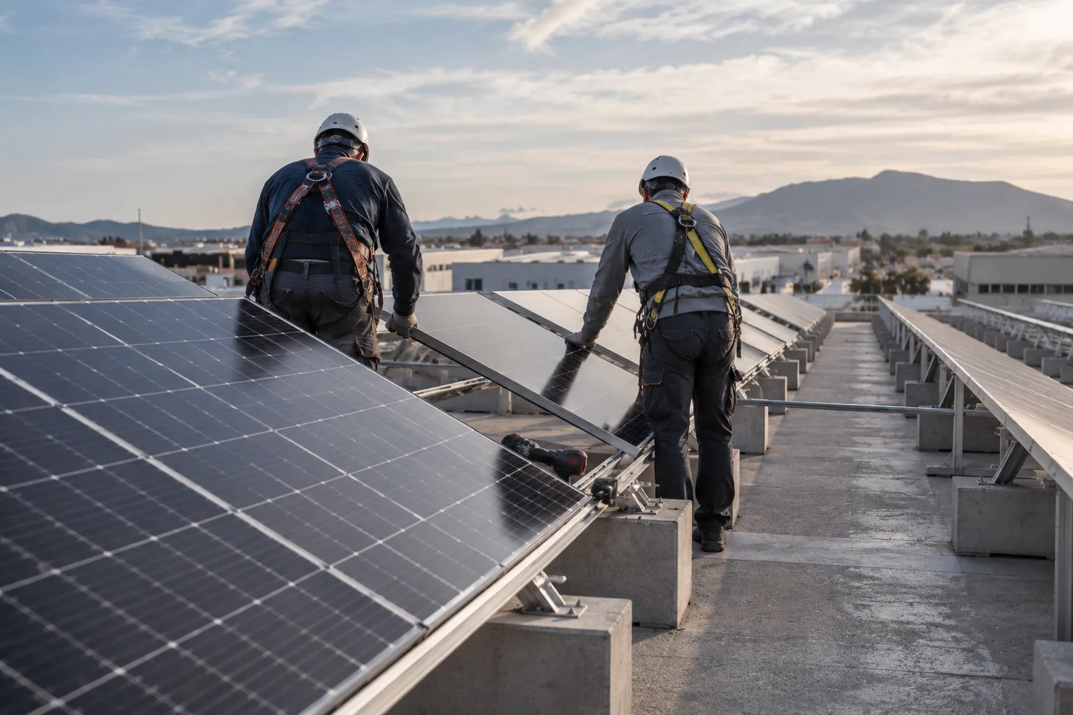 Operarios montando módulos fotovoltaicos en la cubierta de una nave