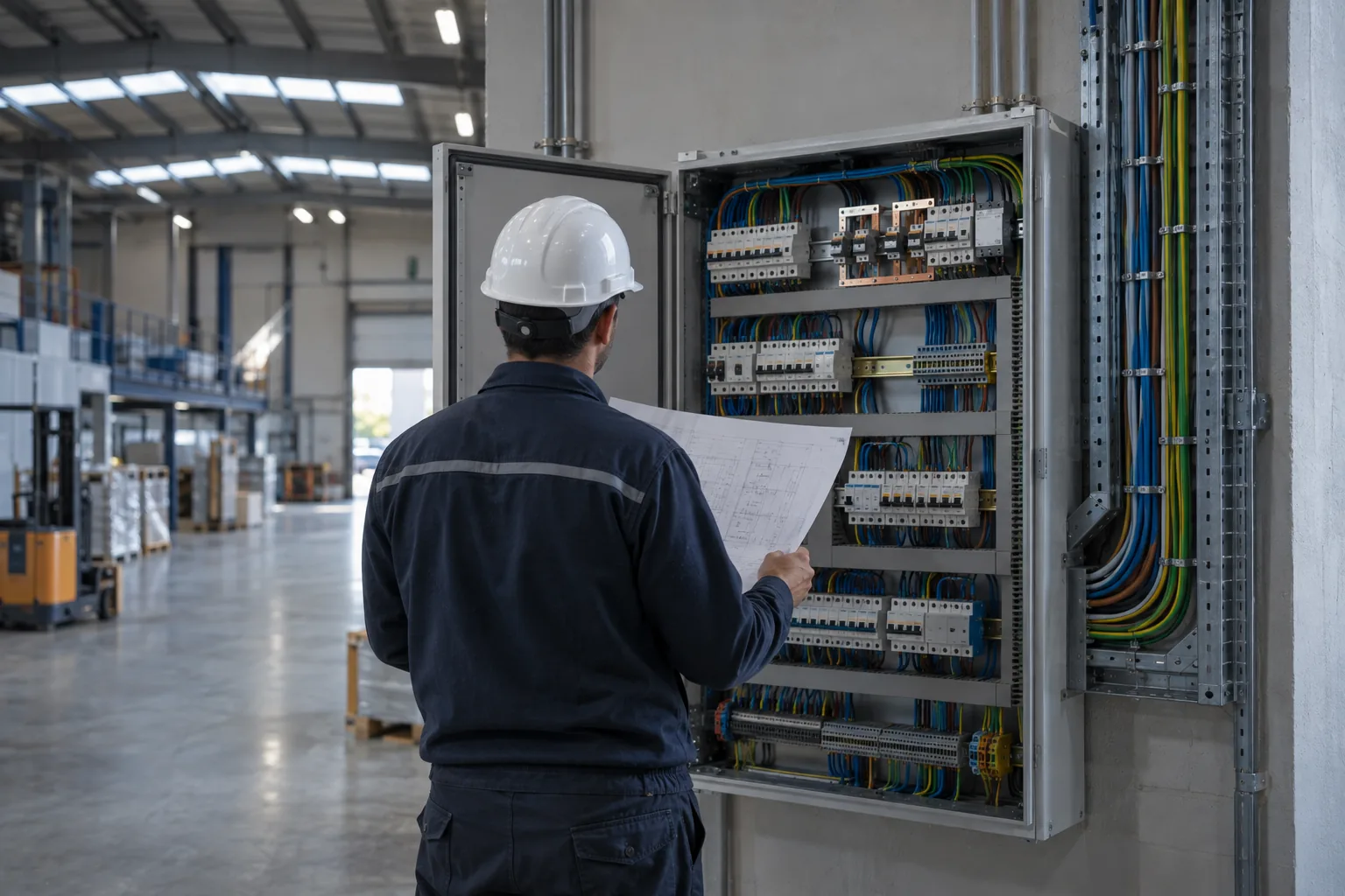 Ingeniero revisando un cuadro eléctrico industrial con el plano en la mano