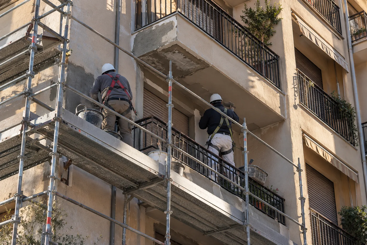 Operarios reparando la fachada de un edificio de viviendas desde un andamio